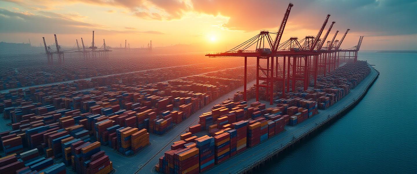 Modern container port at sunset