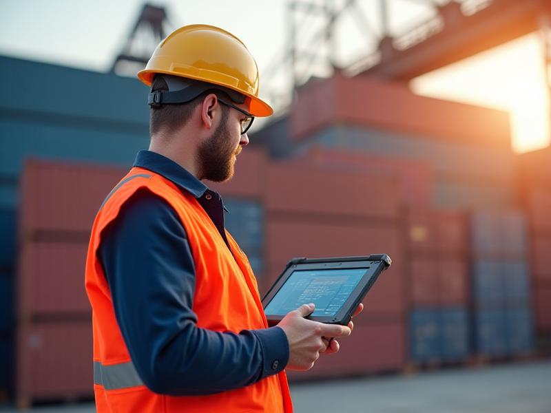 Maritime workers using tablet software in a shipping yard